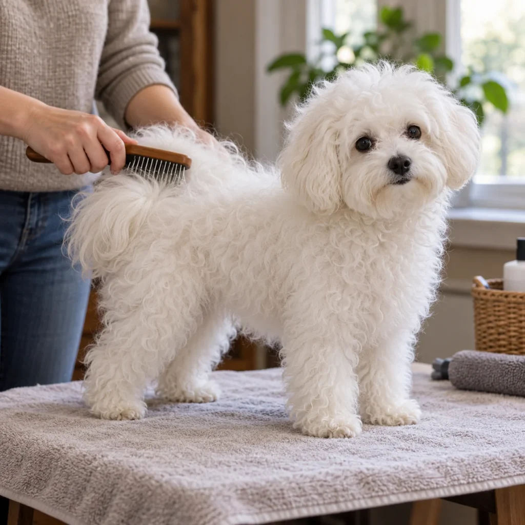 Bolognese being brushed on a towel-covered table Bolognese being brushed on a towel-covered table
