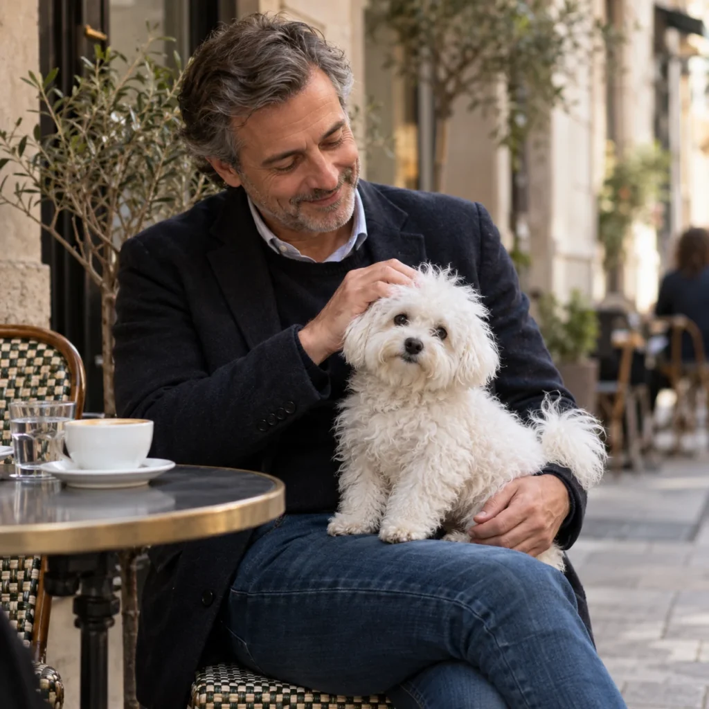 Bolognese sitting on a man's lap at a cafe table Bolognese sitting on a man's lap at a cafe table