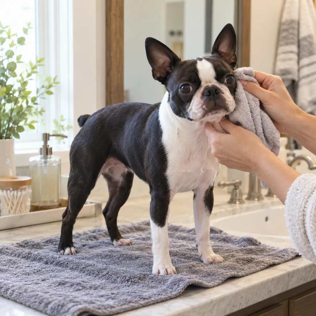 Owner wiping a Boston Terrier's face and eyes with a soft cloth