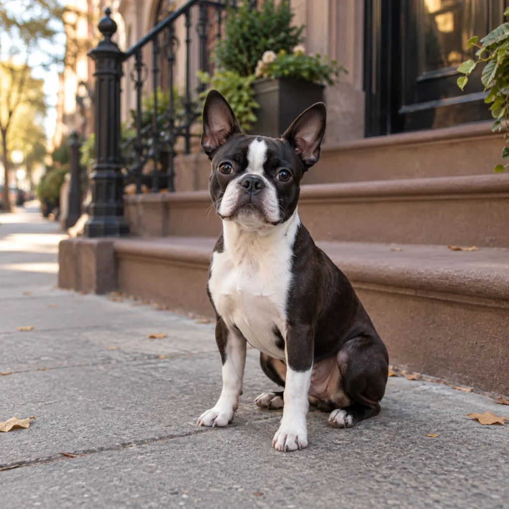 Black and white Boston Terrier sitting on a city sidewalk beside brownstone steps