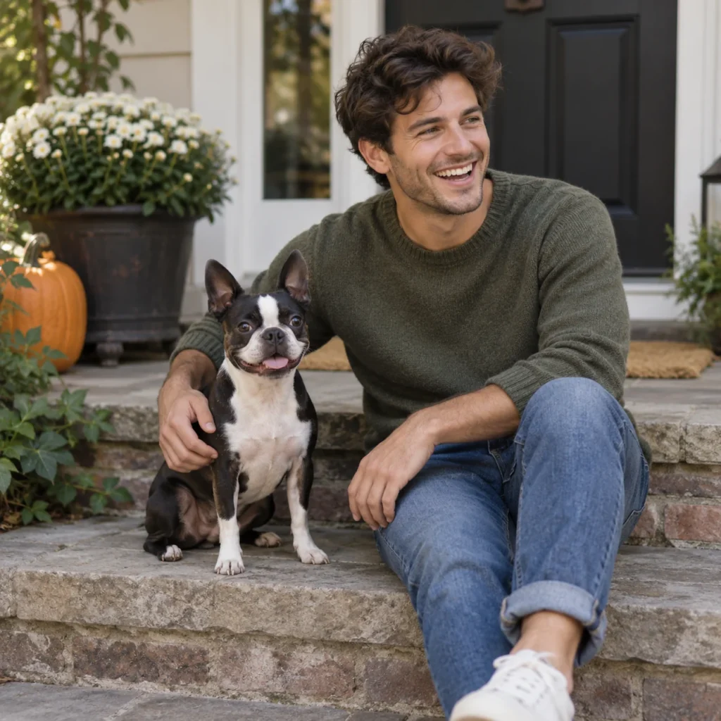 Boston Terrier sitting on front steps next to its smiling owner
