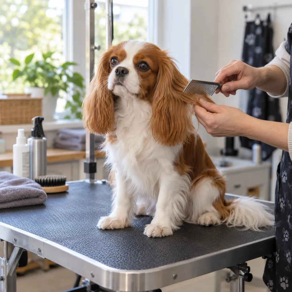 Cavalier King Charles Spaniel having its ears combed on a grooming table