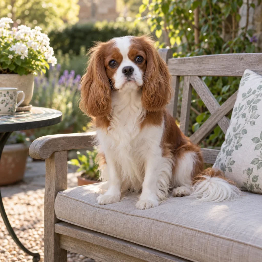 Blenheim Cavalier King Charles Spaniel sitting on a garden bench, looking forward