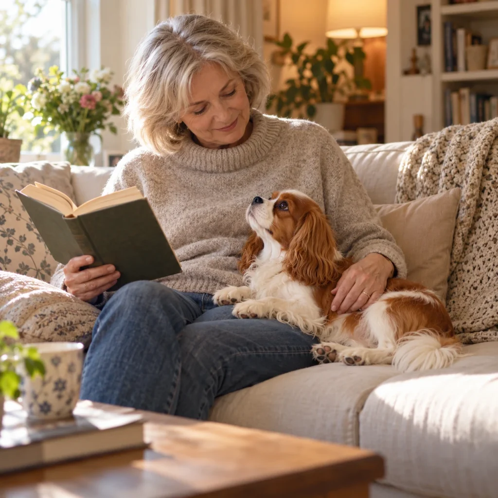 Cavalier King Charles Spaniel lying on a sofa beside a woman reading a book