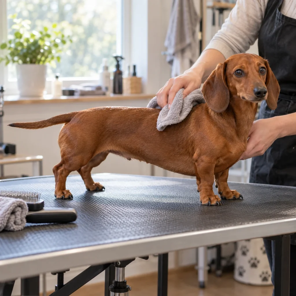 Red Dachshund being dried with a towel on a grooming table Red Miniature Dachshund being towel-dried on a grooming table after a bath