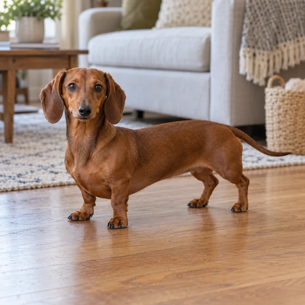 Red smooth-coated Dachshund standing on a living room rug, looking forward Red smooth-coated Miniature Dachshund standing on a living room rug