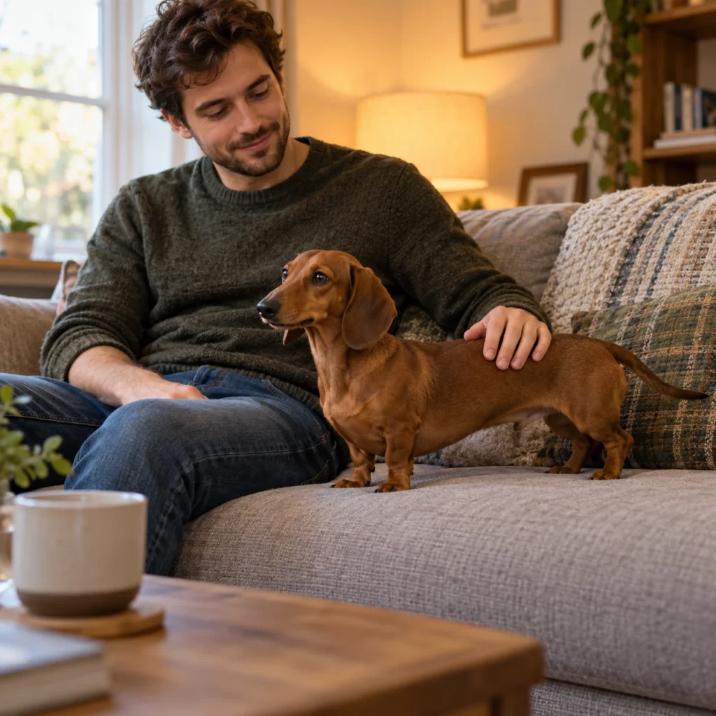 Dachshund lying on a sofa next to a smiling man Miniature Dachshund relaxing on a sofa next to its smiling owner