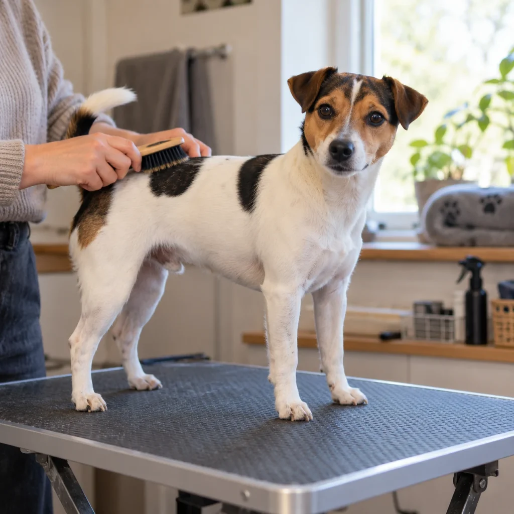 Danish-Swedish Farmdog being brushed on a grooming table Danish-Swedish Farmdog being brushed on a grooming table