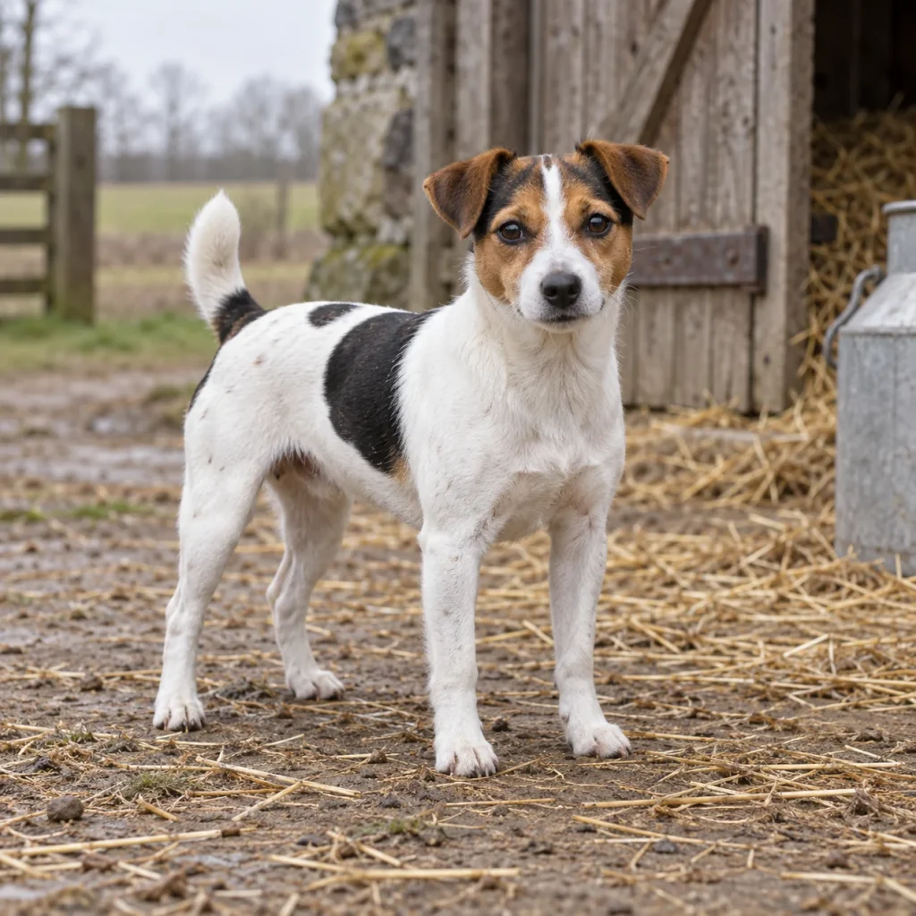 Danish-Swedish Farmdog standing in a straw-covered farmyard, looking forward Danish-Swedish Farmdog standing in a straw-covered farmyard, looking forward