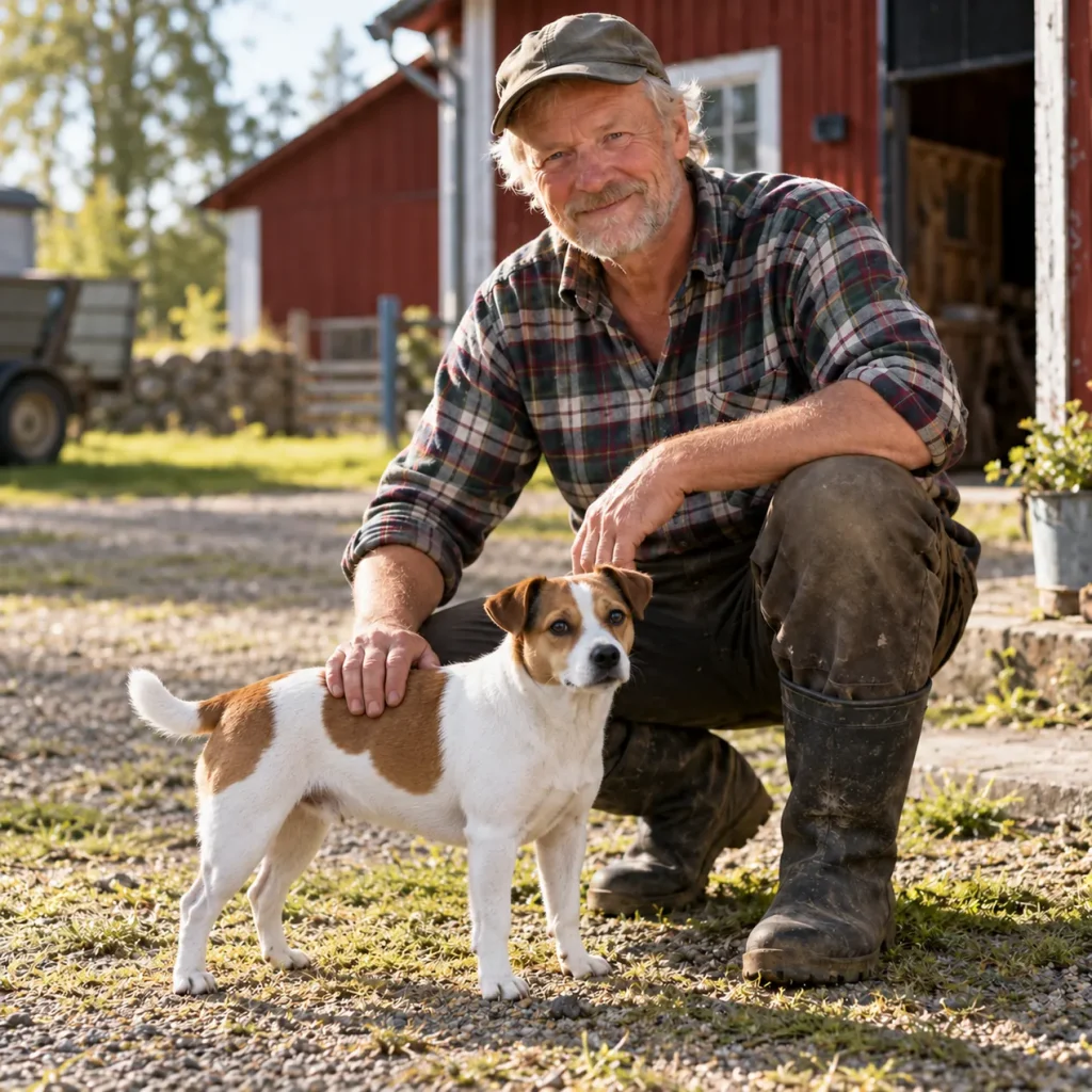 Danish-Swedish Farmdog standing beside a smiling farmer kneeling in front of a red barn Danish-Swedish Farmdog standing beside a smiling farmer kneeling in front of a red barn