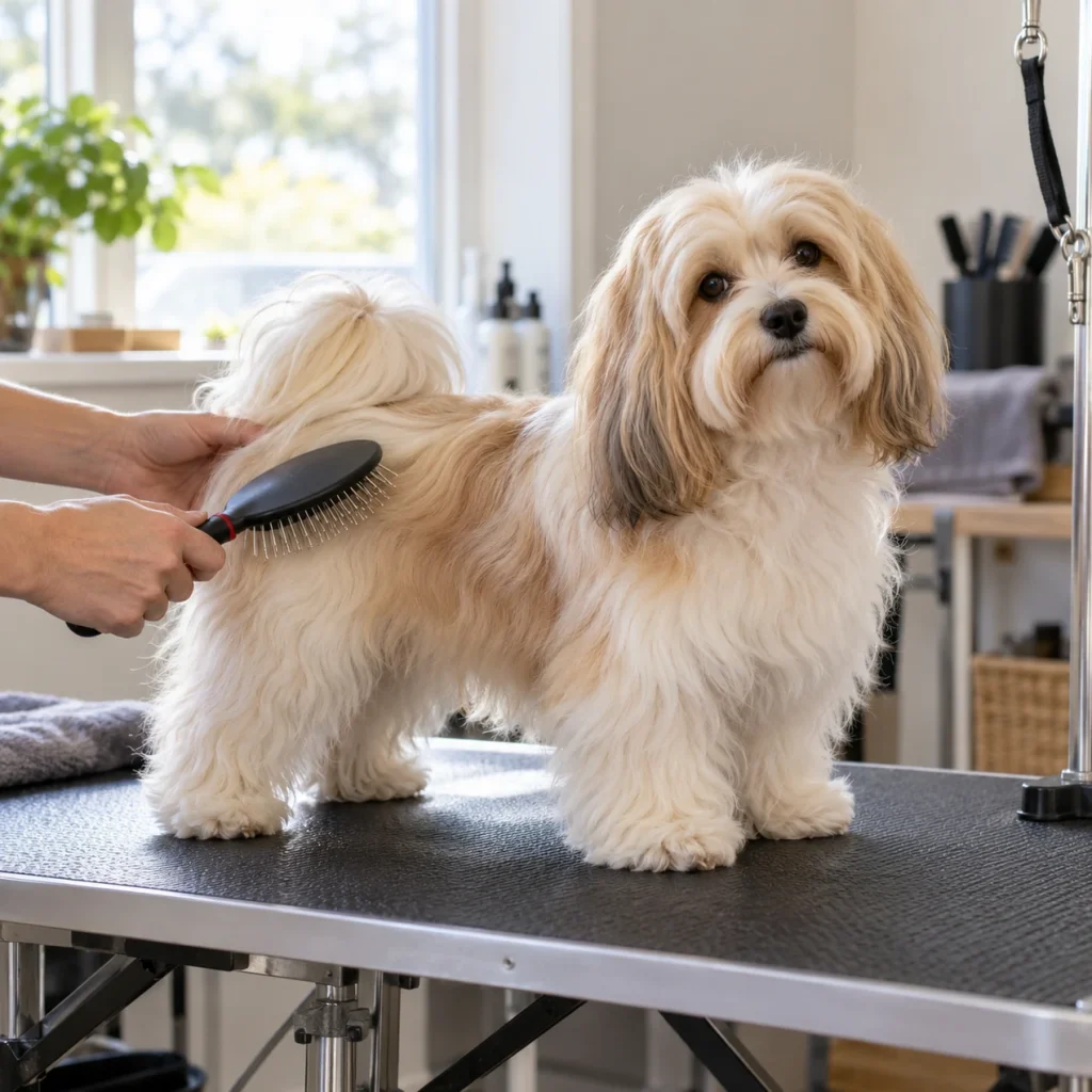 Havanese being brushed during a home grooming session