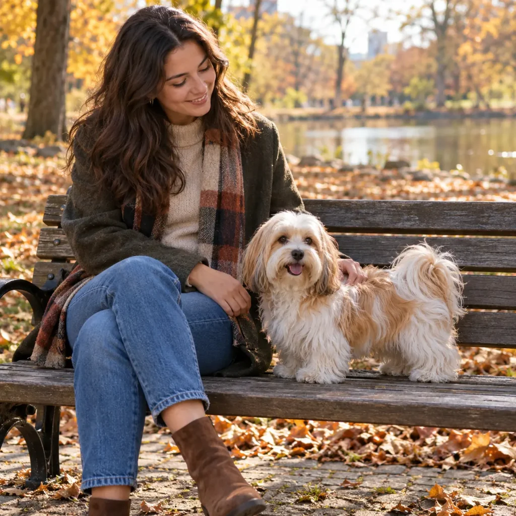 Havanese sitting on a park bench beside its smiling owner